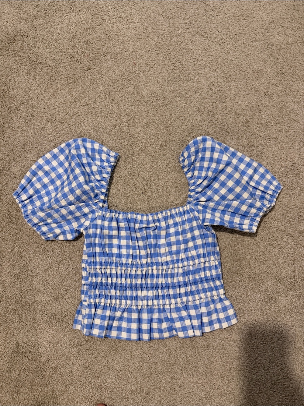 Olivaceous Blue and White Gingham Puff Sleeve Smocked Crop Top